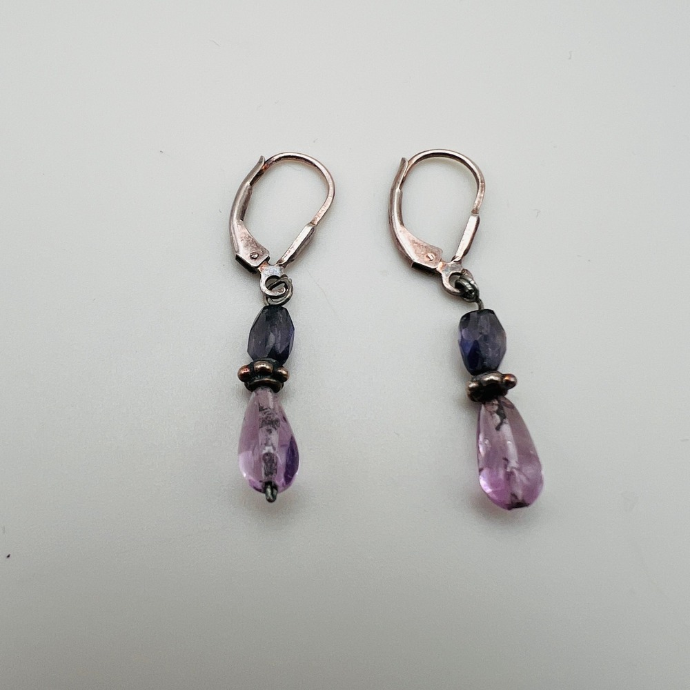 Purple Amethyst Teardrop Dangle Earrings Silver Tone Leverback Jewelry